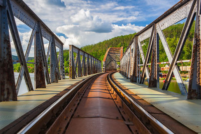Surface level of footbridge against sky