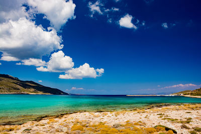 Scenic view of sea against blue sky