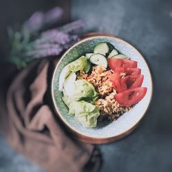 High angle view of food in bowl on table