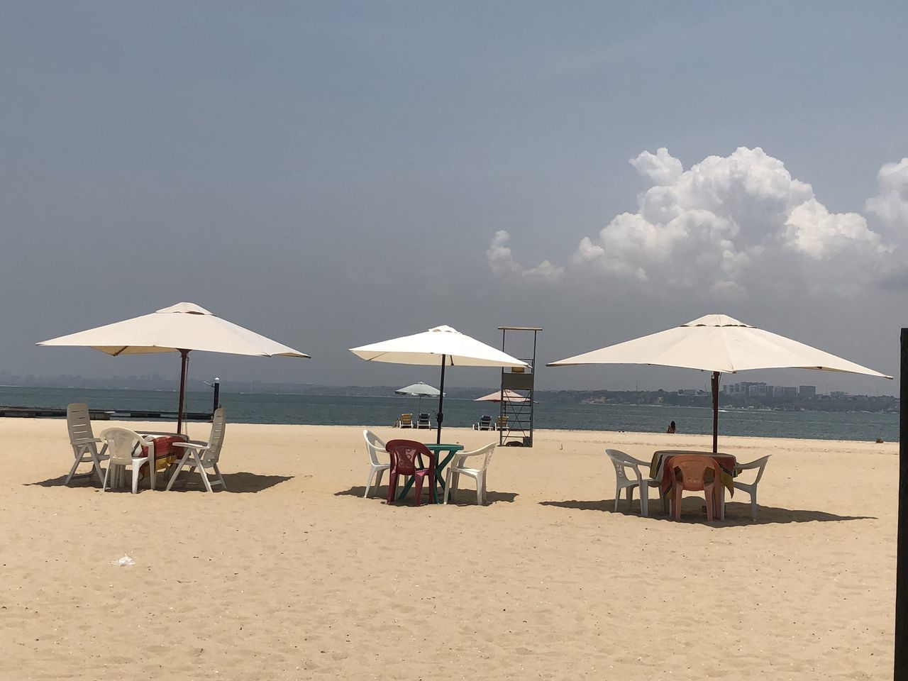 sand, beach, summer, sea, nature, outdoors, vacations, water, beauty in nature, tranquility, sky, tranquil scene, day, chair, relaxation, horizon over water, scenics, no people