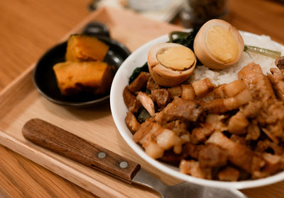 High angle view of breakfast on table