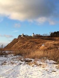 Trees on field against sky during winter