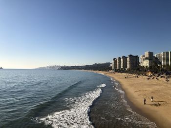 Scenic view of beach against clear sky in city