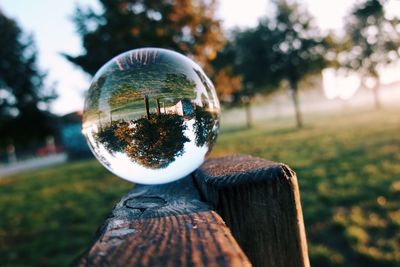 Close-up of crystal ball on wooden post