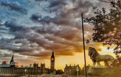 Statue of cityscape against cloudy sky