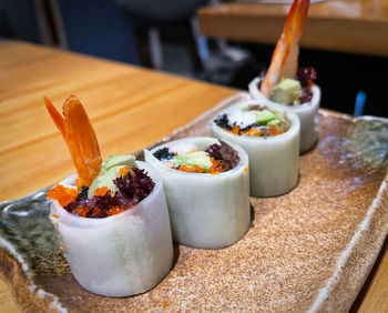 Close-up of breakfast served on table