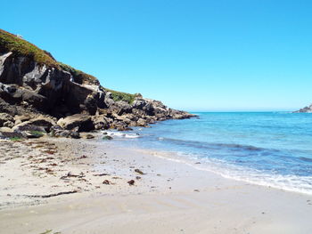 Scenic view of beach against clear blue sky