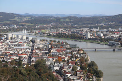 High angle view of buildings in city