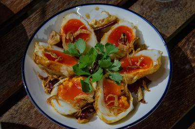 High angle view of breakfast served on table