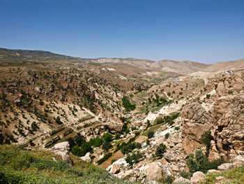 Scenic view of mountains against clear blue sky