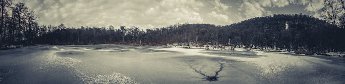 Panoramic view of snow covered land against sky