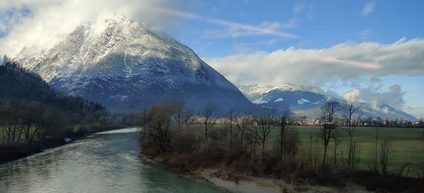 Panoramic view of snowcapped mountains against sky