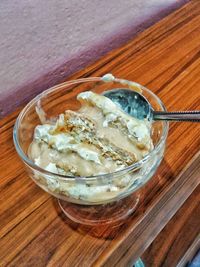 Close-up of ice cream in bowl on table