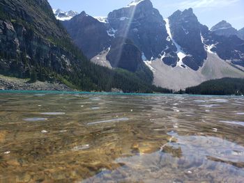 Scenic view of lake and mountains against sky