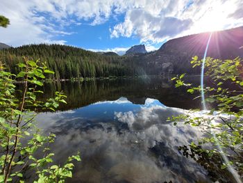 Scenic view of lake and mountains against sky