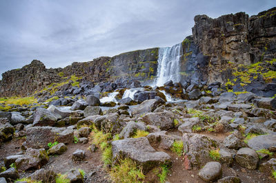 Scenic view of waterfall against sky