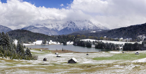 Panorama landscape in bavaria with karwendel mountains and lake at winter