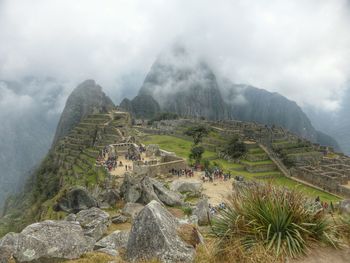 Scenic view of mountain in foggy weather