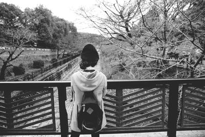 Rear view of girl on railing