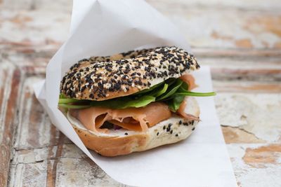 Salmon bagel in paper