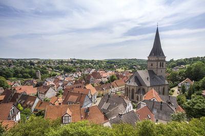 High angle view of bell tower against sky