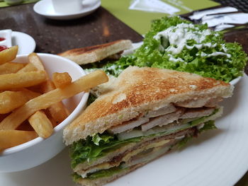 Close-up of sandwich and french fries on plate