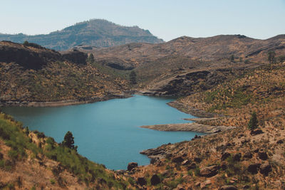 Scenic view of lake and mountains against clear sky