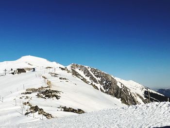 Scenic view of snowcapped mountains against clear blue sky