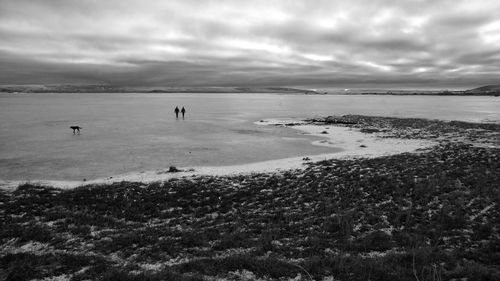 Silhouette people and dog on frozen lake against cloudy sky