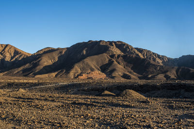 Scenic view of desert against clear blue sky