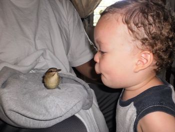 Side view of baby boy looking at bird held by father