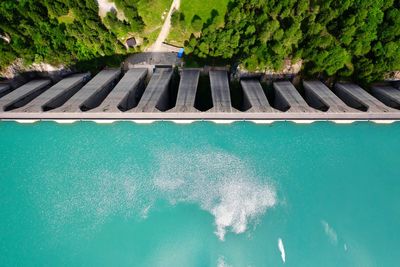 Aerial view of dam creating artificial val martello lake