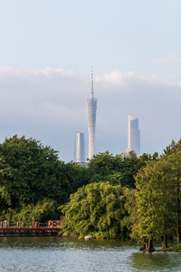 Scenic view of canton tower against blue sky