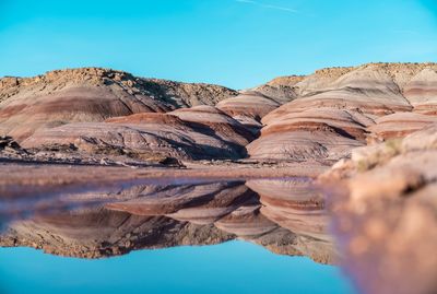 Scenic view of rock formations against clear blue sky