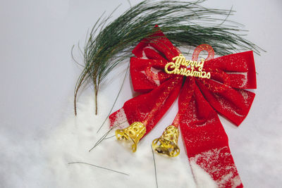 High angle view of christmas decorations on table