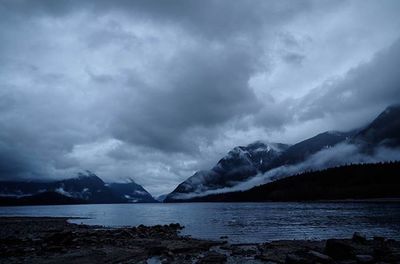 Scenic view of lake against cloudy sky