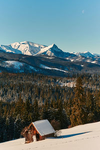 Scenic view of snowcapped mountains against clear sky
