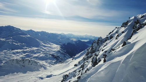 Scenic view of snow covered mountains