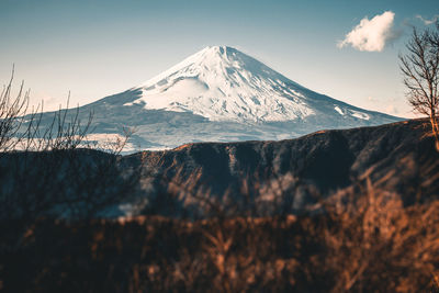 Beautiful fuji mountain with snow covered on the top in the winter season in japan.