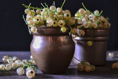 Close-up of fruits in container on table