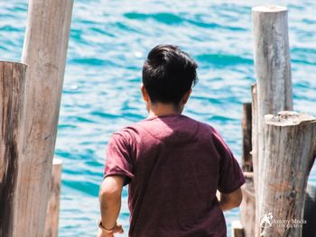 Rear view of man looking at sea