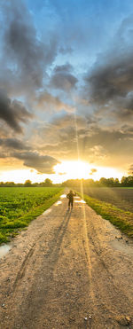 Road amidst field against sky during sunset