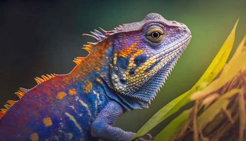 Colorful iguana. iguana close-up macro portrait photo. vivid bright colors skin