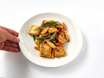 Midsection of person holding food in plate against white background