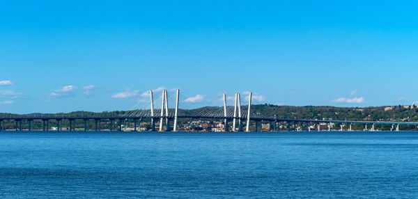 View of bridge over river against blue sky