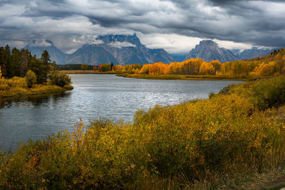 Scenic view of lake against sky during autumn