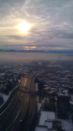 Aerial view of landscape at sunset