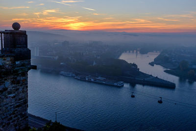 Aerial view of buildings in city during sunset