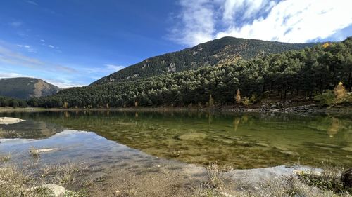 Scenic view of lake and mountains against sky