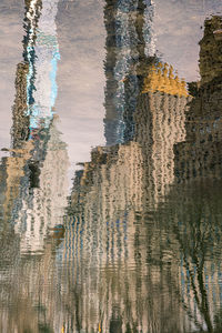 Reflection of city buildings on water of a pond